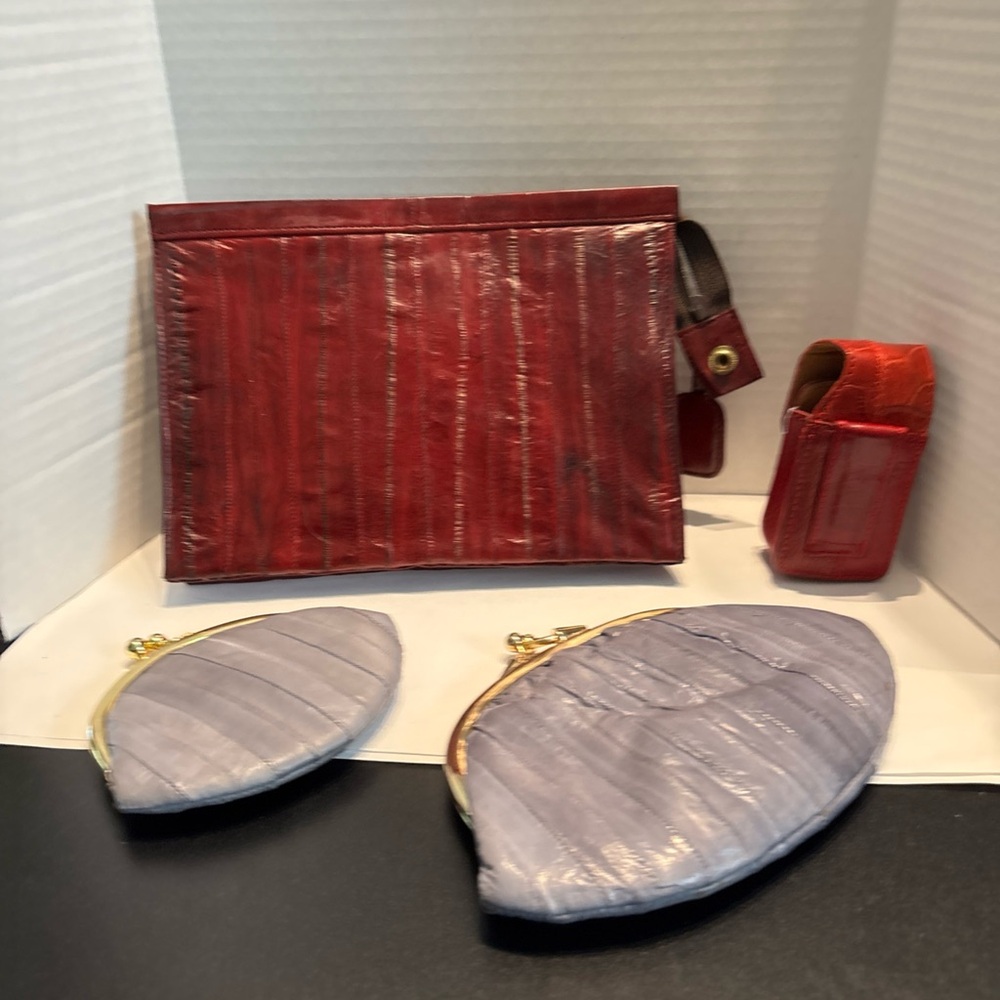 Elegant Red Gray Orange Eel Skin Cosmetic Bag Set Lot - Picture 7 of 10